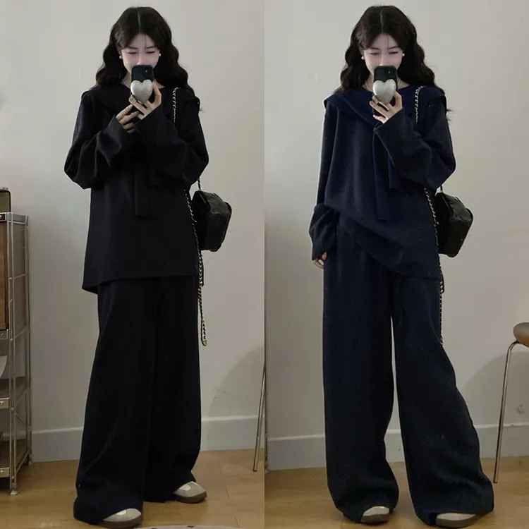 大码胖mm秋冬新款气质休闲套装慵懒极简风上衣裤子+披肩三件套装