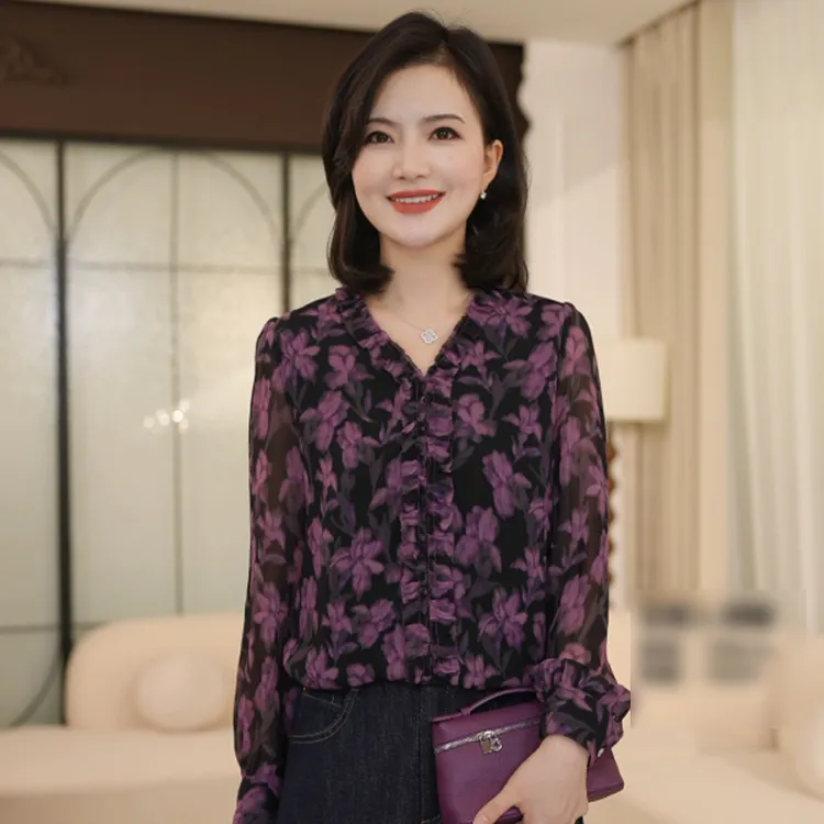 枫竺阿楠anan 花团锦簇V领木耳边印花长袖衬衫女秋季百搭显瘦上衣
