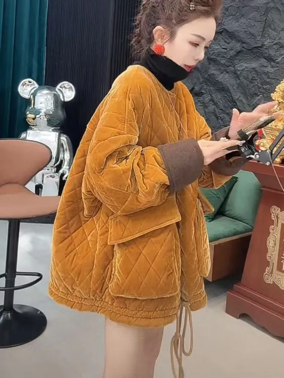 圆领纯色加绒拼接保暖宽松型厚款菱格冬季韩版棉服