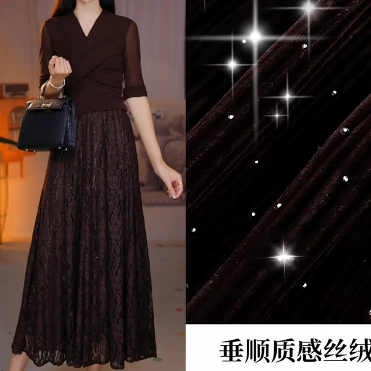 【秋冬】星空钻闪闪高腰丝绒半身裙女秋冬新款气质大摆长裙蕾丝裙