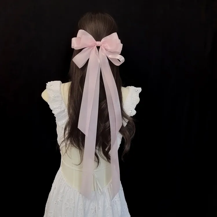 原创多层红色蝴蝶结发夹女甜美少女薄纱款弹簧夹后脑勺发饰头饰
