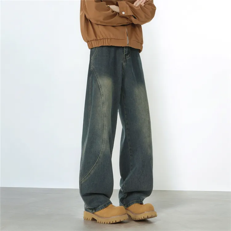 美式高街重磅阔腿裤男士春秋做旧猫须牛仔裤水洗裤子剪裁直筒裤潮