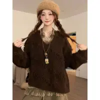 微胖复古流苏慵懒风软糯毛边拼接针织毛衣女秋冬宽松显瘦叠穿上衣