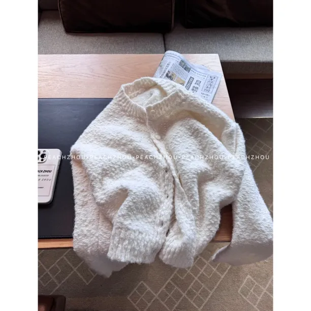 『PEACHZHOU』羊毛混纺大肚纱宽松圆领毛衣休闲百搭通勤开衫外套女