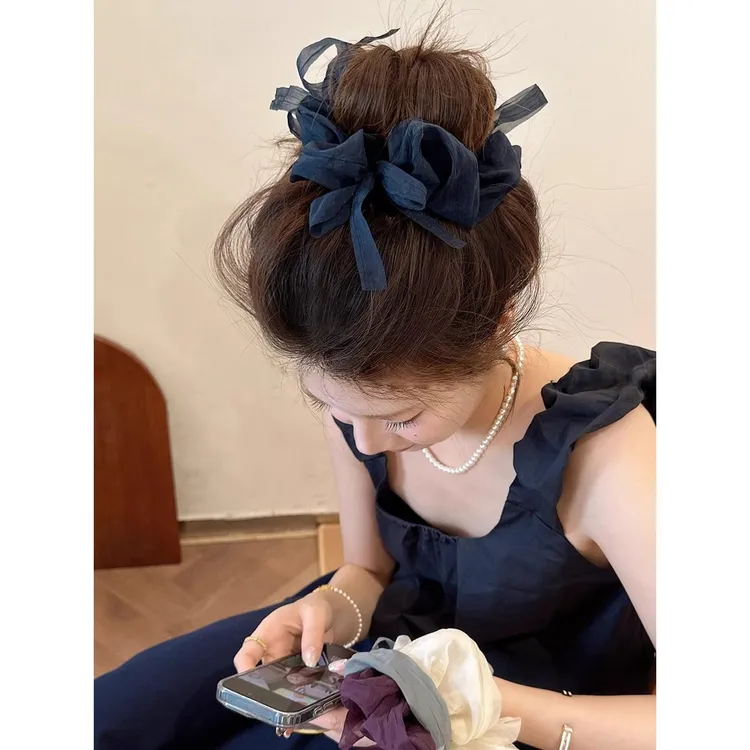 温柔的网眼蝴蝶结大肠发带为妇女2025新风格马尾头绳优雅的发绳花