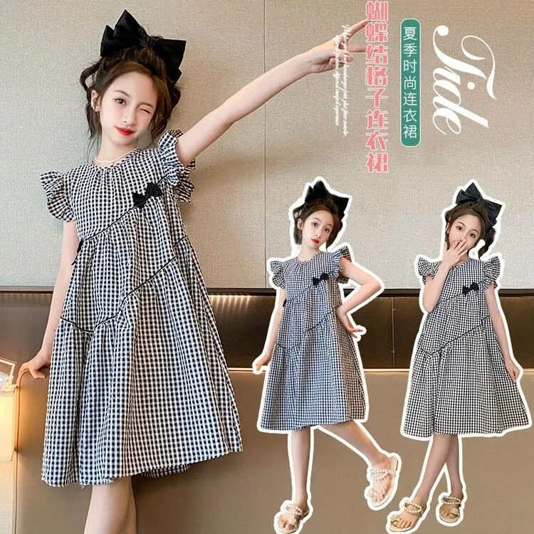 女童连衣裙2025新款女孩洋气格子裙子儿童可爱公主裙大童飞袖裙子