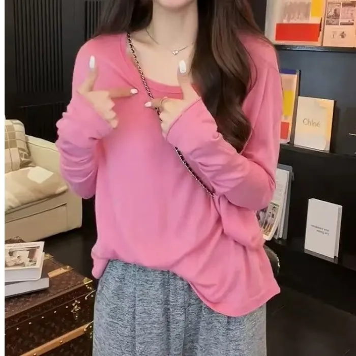 2025女新款时髦松弛感长袖针织T恤春季慵懒百搭独特宽松别致上衣
