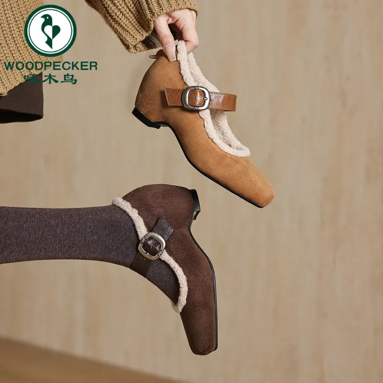 啄木鸟5.5cm内增高玛丽珍单鞋女法式时尚加绒里保暖毛毛鞋冬棉鞋