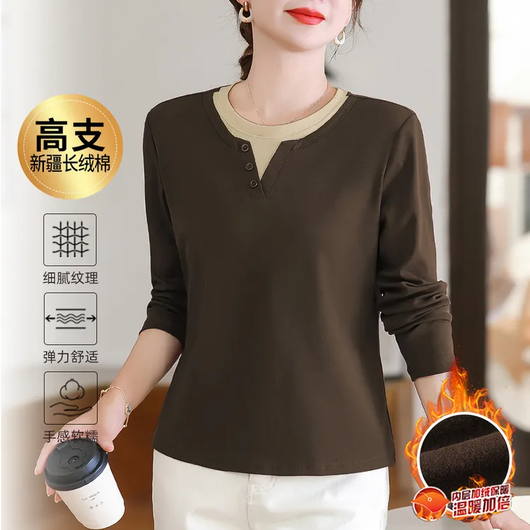 加绒假两件长袖t恤女士内搭打底衫2025新款秋冬爆款拼接保暖上衣