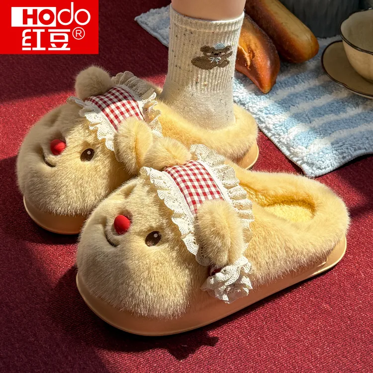 红豆可爱黄油小熊毛绒棉拖鞋女款2025新款居家加绒保暖毛毛拖鞋女