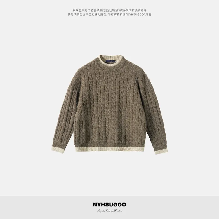 NYHSUGOO/南乙冬季357针假两件撞色绞花圆领毛衣55055男士套头