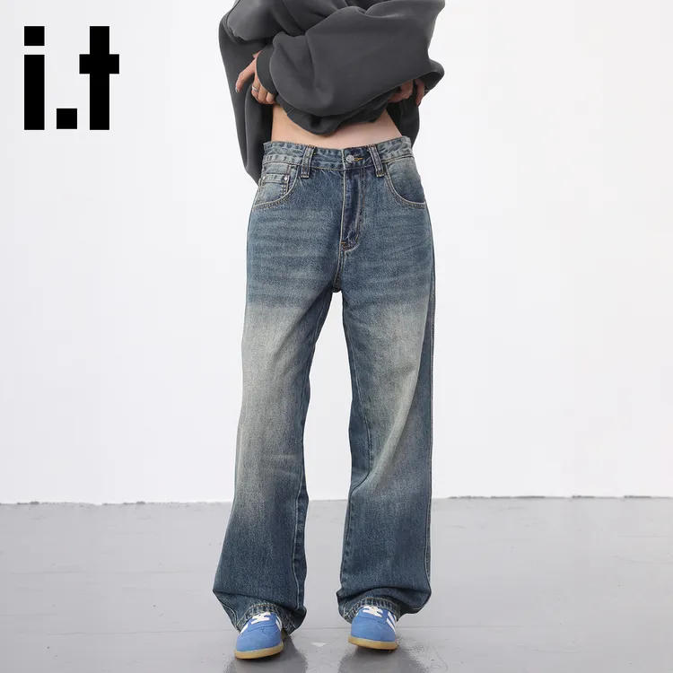it:CHOCOOLATE蓝色水洗破洞牛仔裤做旧美式弹力直筒休闲复古长裤