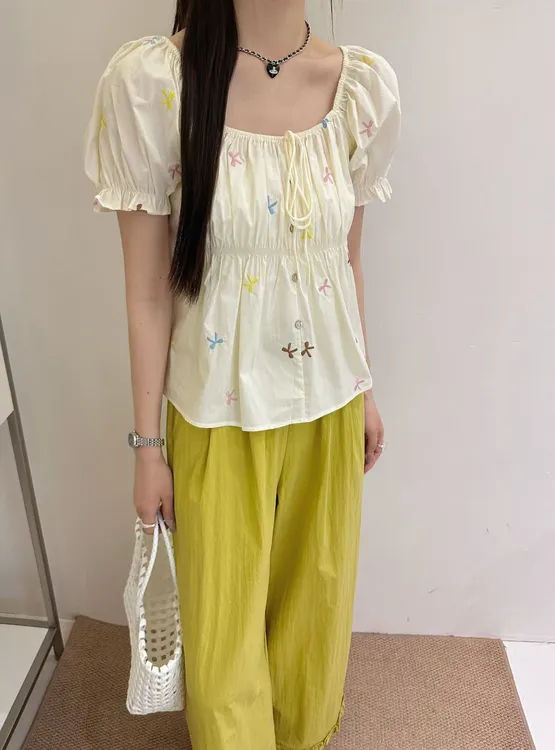 休闲风INS风慵懒风时尚套装短款方领小众甜美高腰短袖洋气