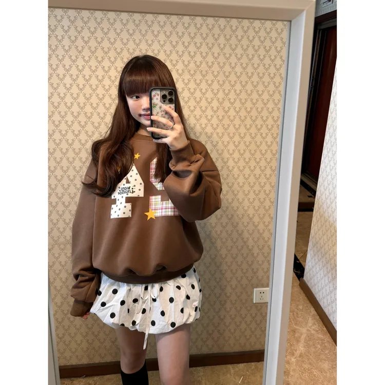 刺绣贴布后包拉肩纯棉华棉复合薄款卫衣女