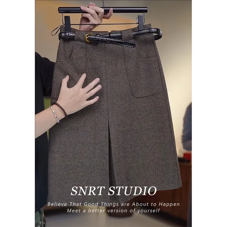 法式优雅气质斜纹开叉毛呢包臀裙女秋冬高腰a字休闲中长款半身裙