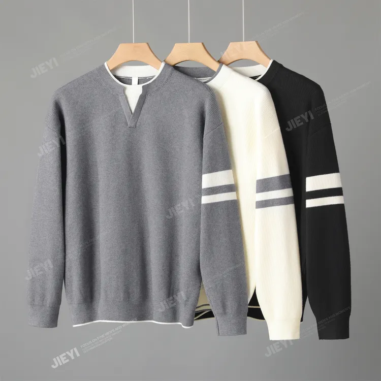 秋冬复古保暖假两件条纹双层领口针织衫男士秋冬纯色V领套头毛衣