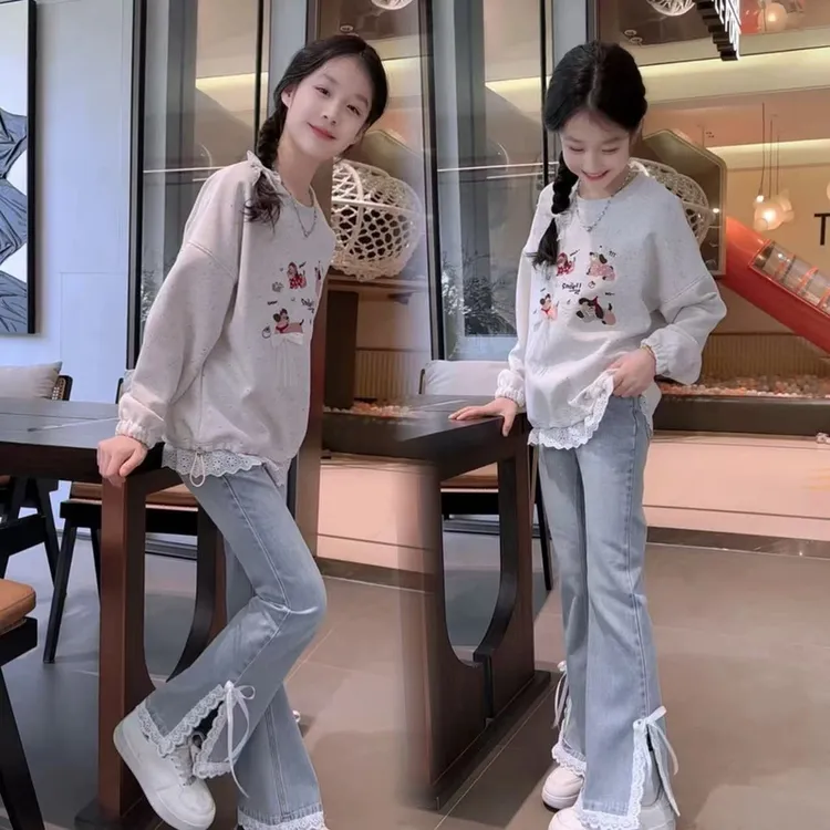 女童套装2025春季新款时尚圆领卫衣中大童休闲牛仔喇叭裤两件套潮