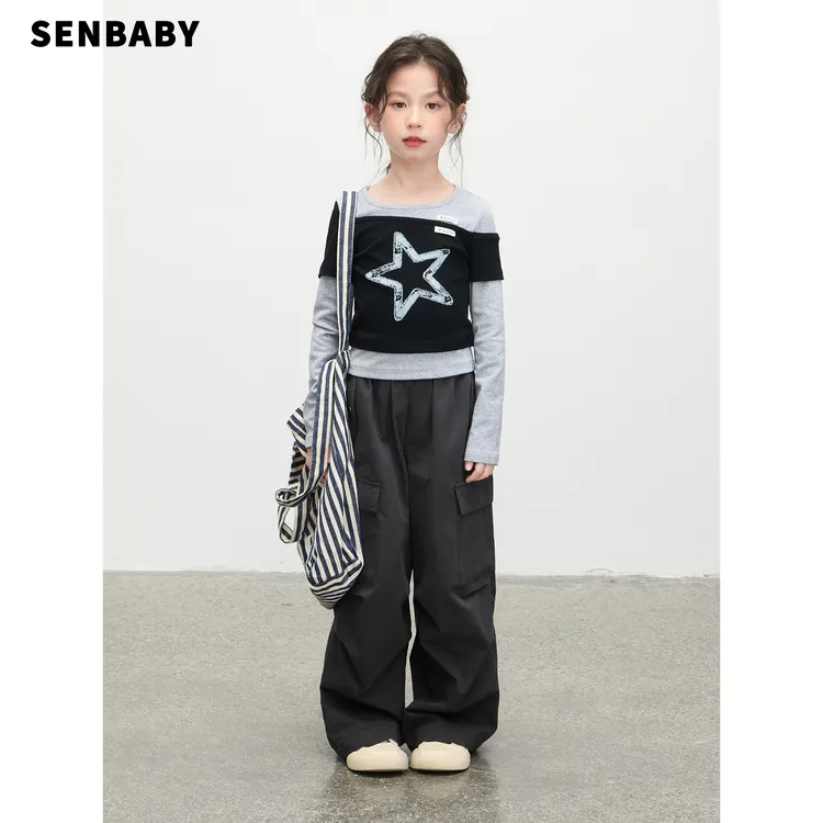 【亲子】senbaby女童长袖T秋季新款韩版上衣潮假两件星星印花T恤