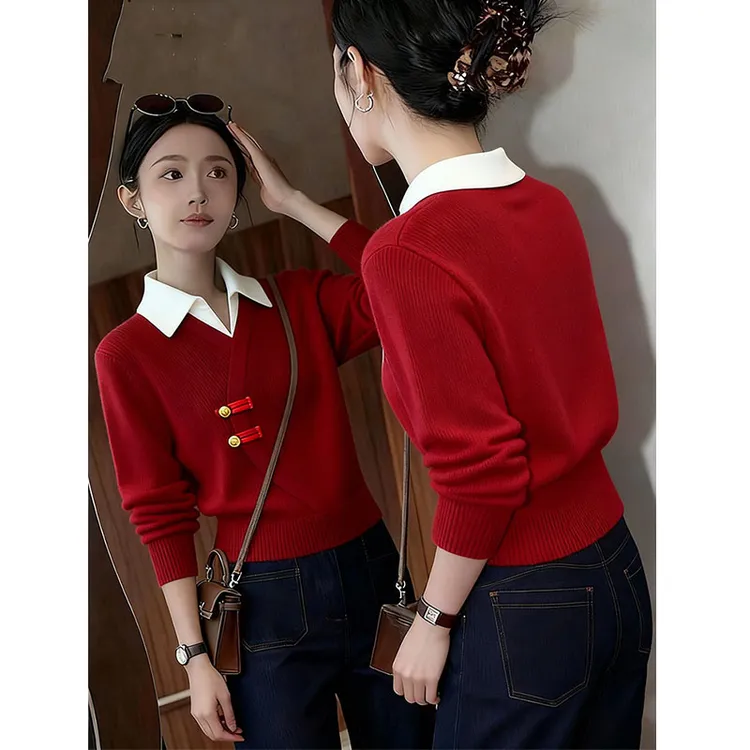 新中式国风假两件针织毛衣女秋冬季新款气质复古红色翻领打底上衣