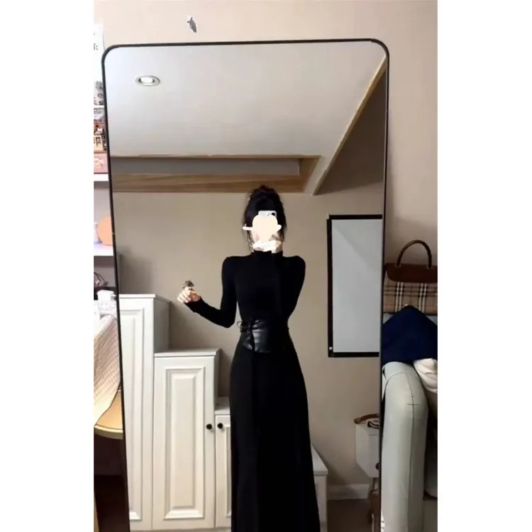 韩系名媛千金连衣裙2025秋冬新款黑色收腰显瘦长裙子打底气质