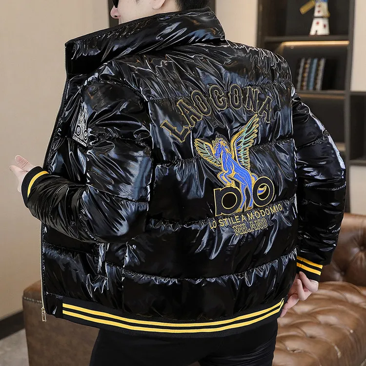 阿凯严选-高品质冬季新款男士爆款刺绣亮面免洗棉衣立领保暖外套