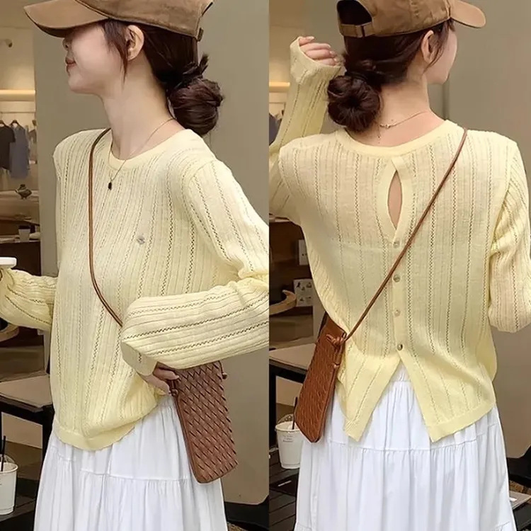 镂空圆领冰丝长袖针织衫女2025春夏季新款设计感防晒罩衫初夏上衣