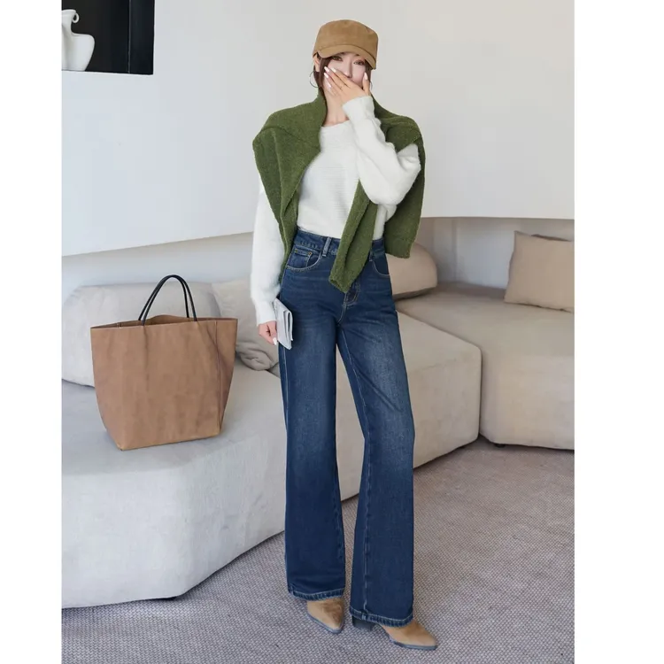 水洗喇叭裤裤子微弹高腰冬季牛仔裤阔腿裤蓝色春秋加绒显瘦#13370