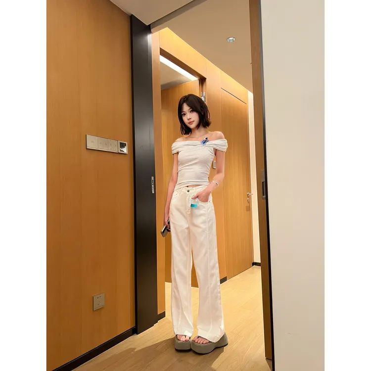 【防水防油防污】白色莱赛尔天丝夏季爆款侧缝设计拖地阔腿牛仔裤