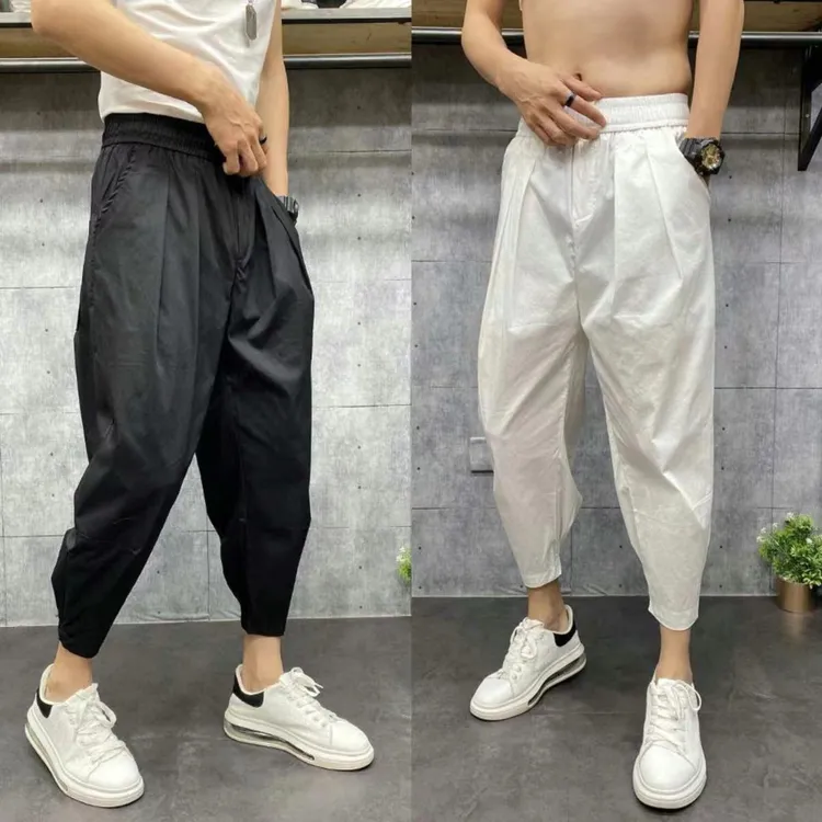 潮牌夏季休闲裤麻料春夏薄款束脚九分裤速干运动裤老爹宽松哈伦裤