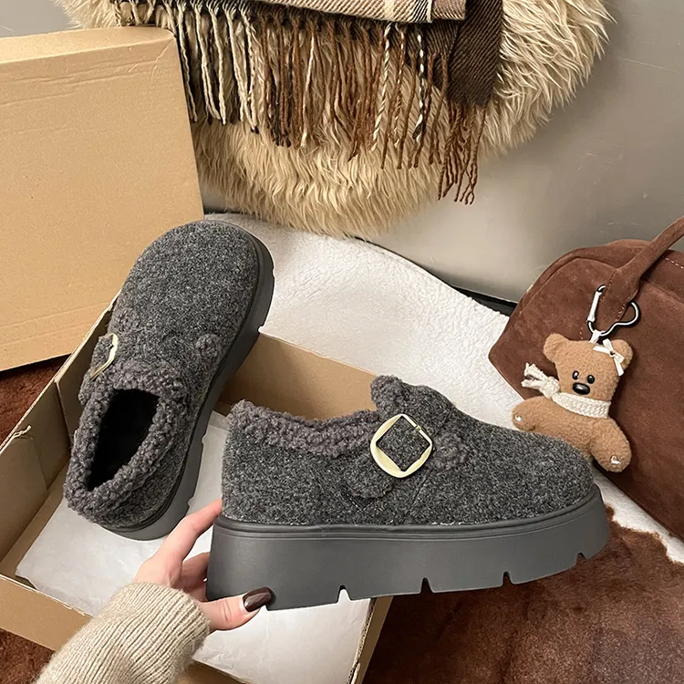 厚底增高加绒灰色勃肯鞋女2025新款冬季保暖雪地靴一脚蹬毛毛棉鞋