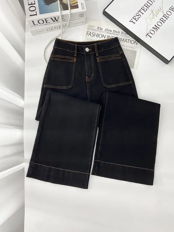 【9018通用】2025春季新款米白牛仔裤女阔腿裤微喇裤弹力休闲