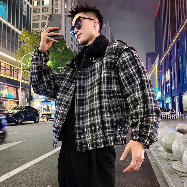 座山雕外套拼色格子男士棉衣冬季2025新款男式冬天外衣保暖棉袄子