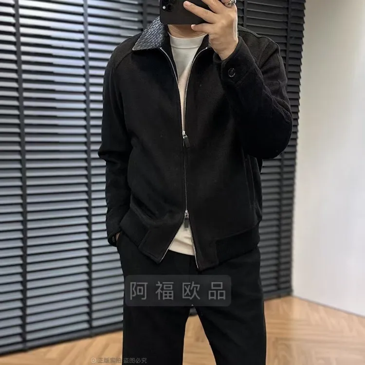【雅绅男装】男士高奢B*V编织皮领羊毛混纺薄棉外套