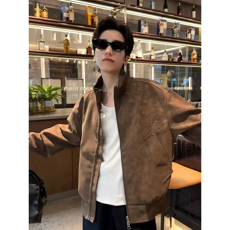 【阿卷专属】美拉德美式PU皮衣外套男女春秋季复古立领棒球服短款飞行员夹克潮