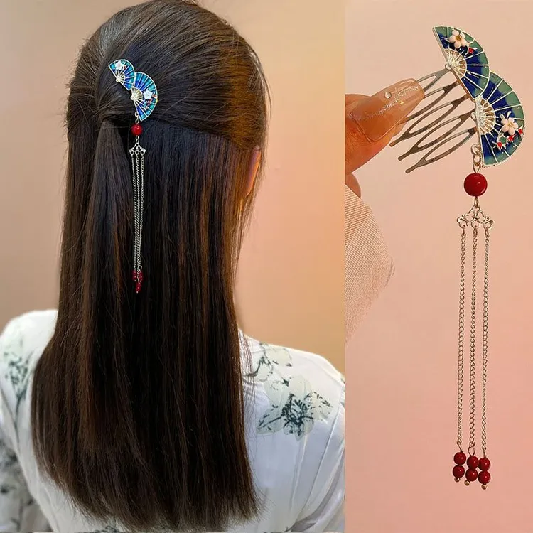 含蓄古风扇子款流苏倒插夹梳国风步摇发簪汉服发梳女发卡盘发头饰