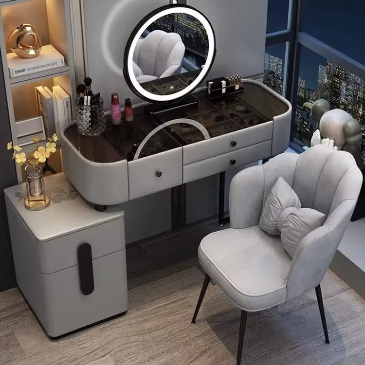 卧室梳妆台现代简约高级轻奢奶油风化妆桌网红ins北欧收纳柜一体