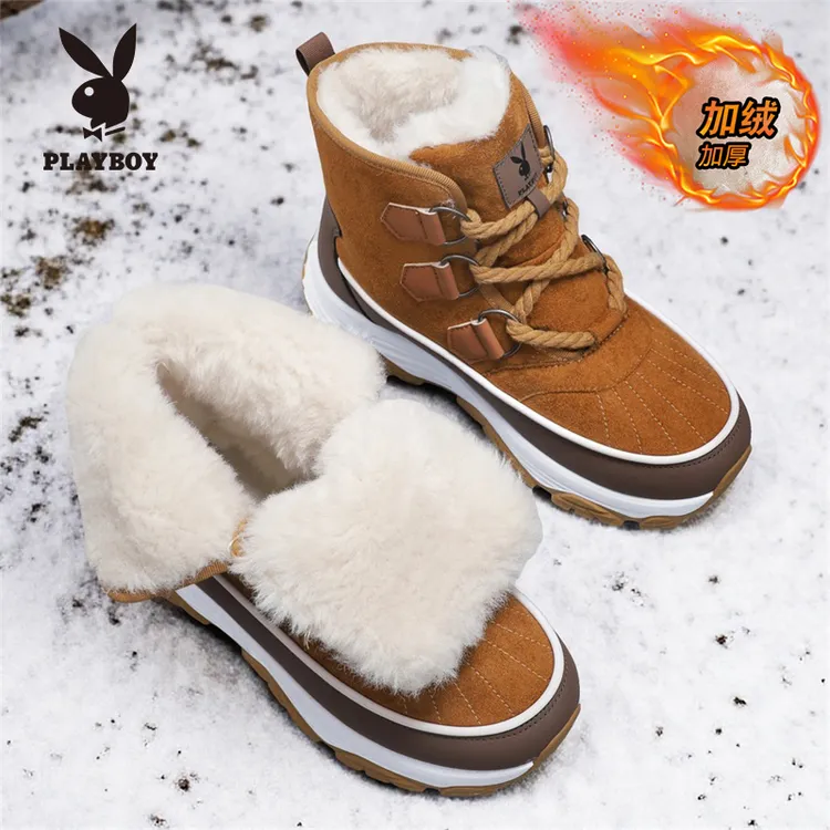 PLAYBOY/花花公子新款雪地靴女加绒加厚保暖情侣高帮鞋厚底大棉鞋