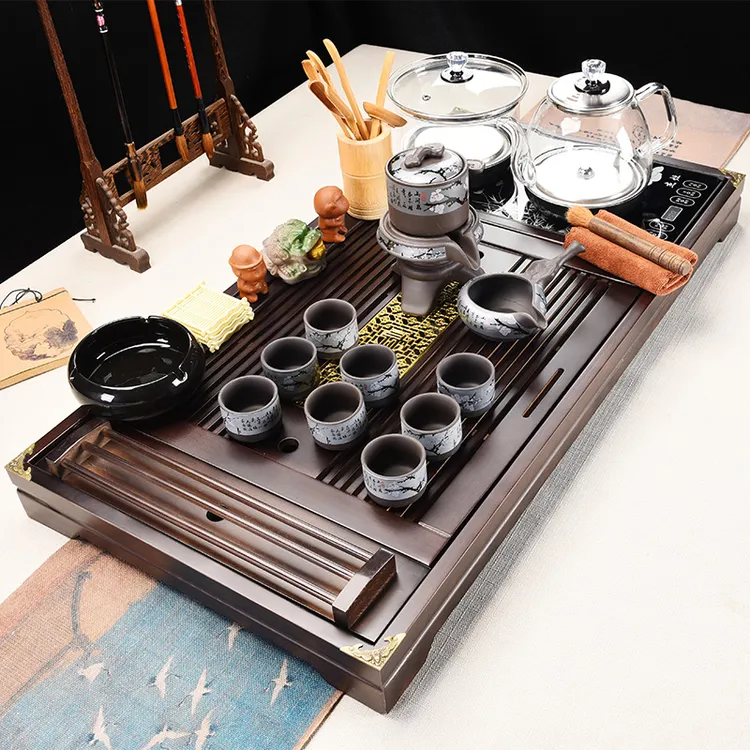 全自动实木茶盘功夫茶具套装家用简约烧水壶一体茶海茶台沥水