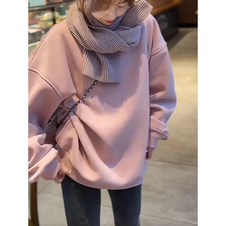 慵懒风加绒加厚粉色卫衣女2025冬季新款保暖宽松减龄休闲显瘦上衣