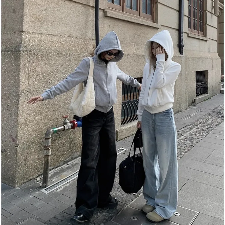 春秋小众百搭灰色连帽卫衣女短款拉链开衫外套百搭显瘦长袖上衣潮