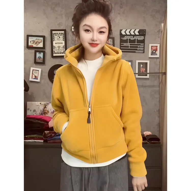 黄色加绒加厚连帽卫衣外套女秋冬季2025新款今年流行爆款短款上衣