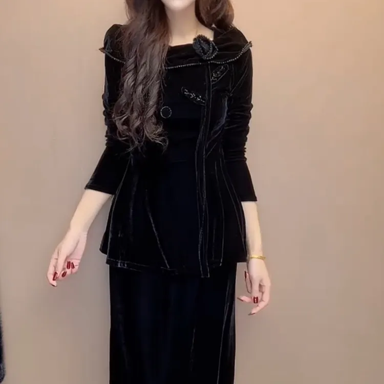 秋冬新款时尚拼接丝绒显瘦国风风格百搭打底衫