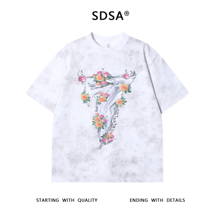 夏季高级感新款男士洒金数字花卉印花圆领短袖T恤时尚慵懒风上衣