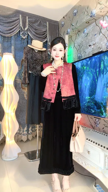 女法式优雅风套装马夹轻奢黑色中式宽松型马甲秋季
