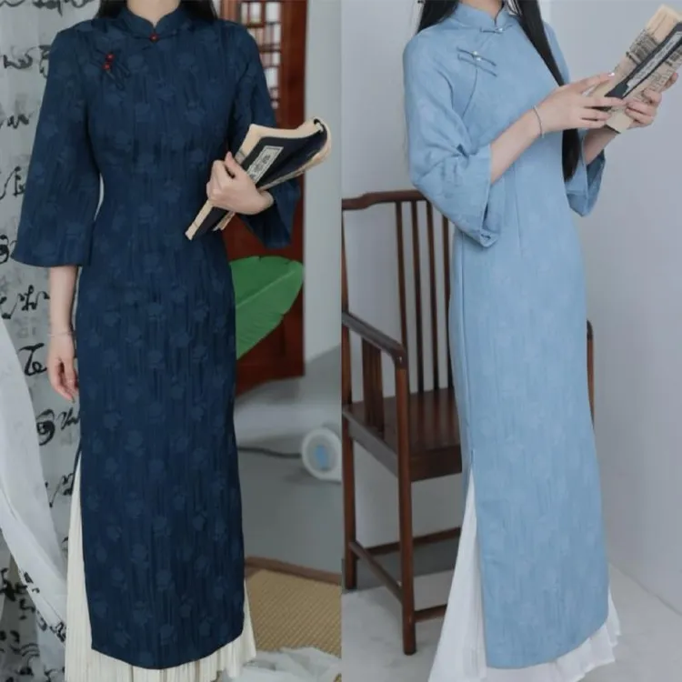 素雅古法改良新中式倒大袖旗袍女2025年春夏新款日常国风蓝