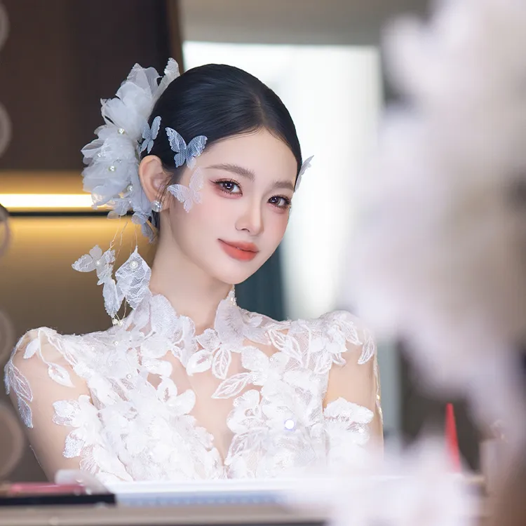 非金属布艺婚庆饰品 新娘娟纱白色小蝴蝶超仙唯美蕾丝发饰MC3098