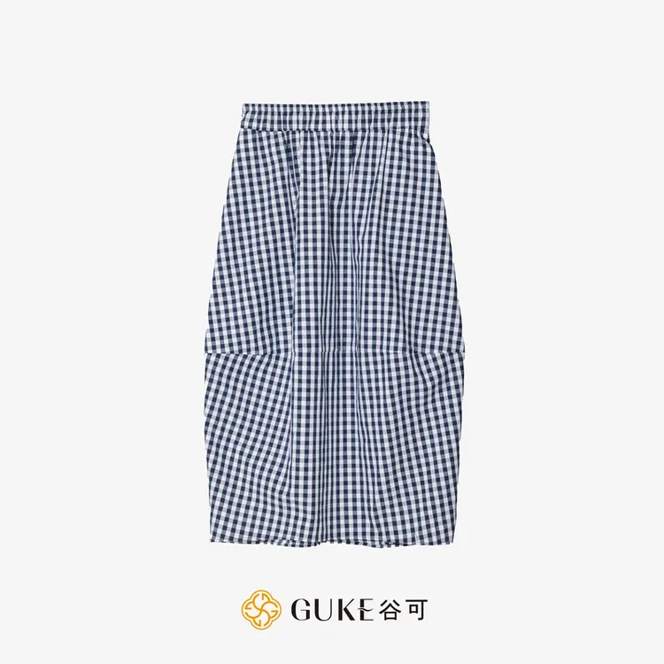 GKE/谷可Q1171时尚茧型格子半裙女2025夏季百搭高腰花苞半身裙子