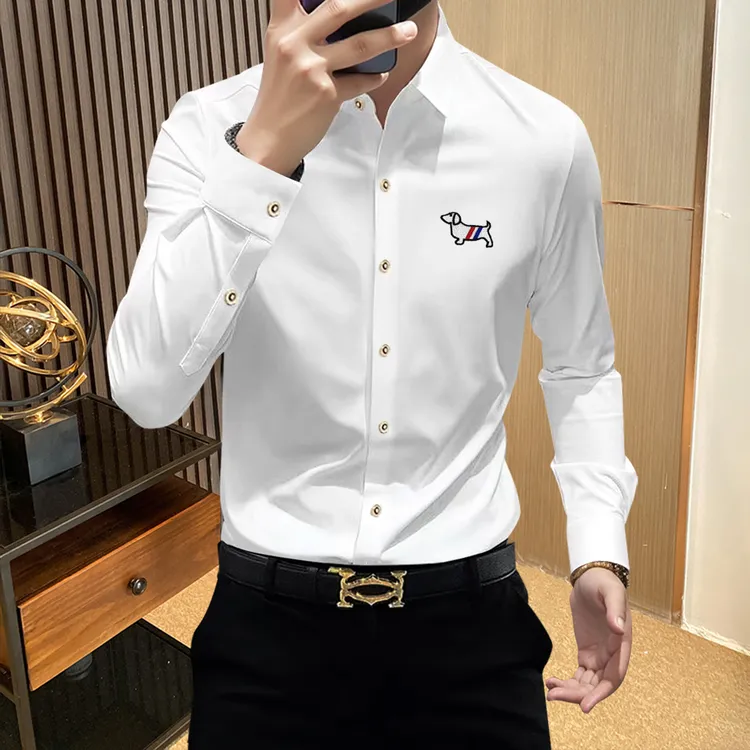 秋季轻奢痞帅百搭长袖衬衫男时尚修身刺绣免烫抗皱商务休闲衬衣男