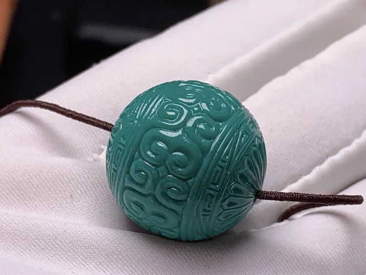 湖北十堰原矿绿松石高端珠宝配饰精工回纹珠雕刻