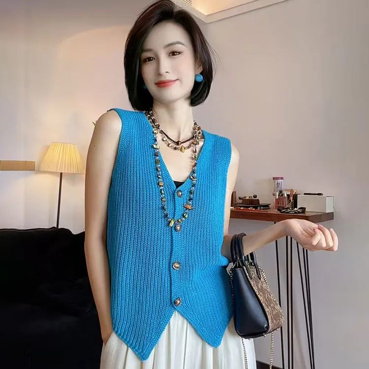 小香风蓝色冰丝针织背心女2025夏季款设计感复古气质显瘦无袖上衣